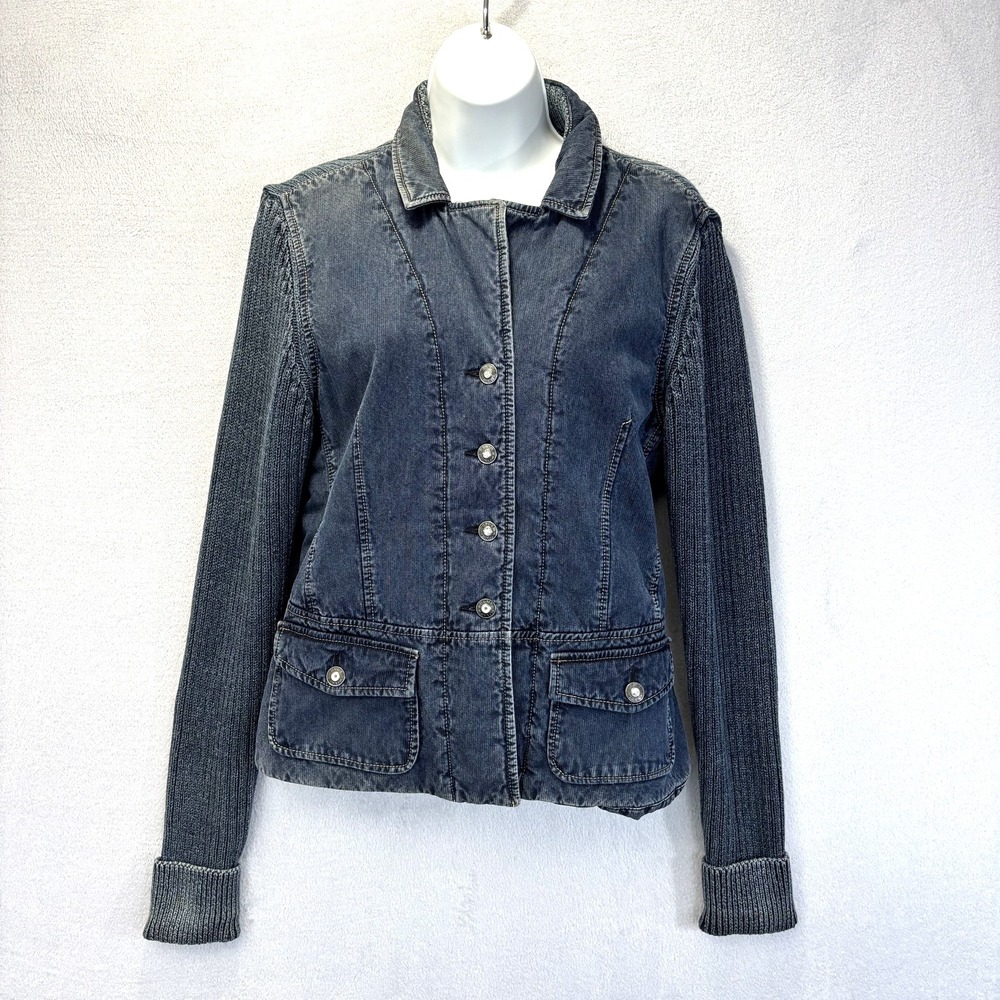 Vintage 90s Blue Willis Denmark Denim Knit Jacket Womens Small Rhinestone Ribbed